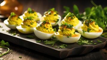 These deviled eggs flaunt a tantalizing twist on the classic recipe. With a pinch of curry powder blended into the creamy yolk mixture, they boast a warm and slightly y flavor. Topped photo