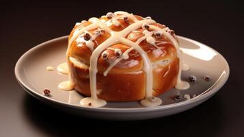 A slice of a hot cross bun arranged artistically on a plate, revealing the intricate patterns within the dough. The swirls and folds add an element of sophistication to the humble bun. photo