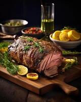 A culinary masterpiece, this roasted leg of lamb showcases an exquisite mosaic of flavors, combining the earthiness of thyme, the freshness of lemon zest, and the richness of olive oil. photo