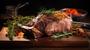 This captivating leg of lamb takes on a rustic charm, as it emerges from the oven, wrapped in a blanket of pancetta, with its outer layer deeply infused with aromatic herbs like thyme and photo