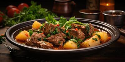 In this appetizing shot, a steaming plate showcases a hearty lamb stew, skillfully cooked to perfection with tender meat accompanied by soft, perfectly cooked potatoes, and a deeply photo