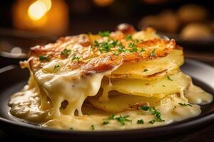 A striking angle capturing a closeup of layered scalloped potatoes straight from the oven, revealing the harmonious blend of tender potatoes and rich cream sauce that bubbles invitingly, photo