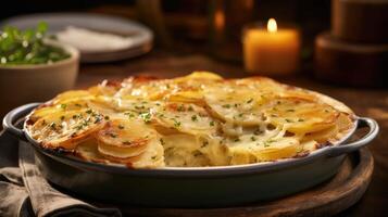 A tantalizing closeup of a mouthwatering serving of scalloped potatoes, where tender potato slices are nestled in a creamy symphony of cheeses, baked to perfection and served steaming hot photo