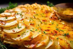Inviting overhead shot capturing a perfectly goldenbrown layer of scalloped potatoes, a medley of gratifying colors and enticing aroma created by the decadent combination of thinly sliced photo