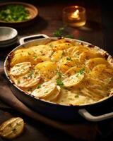 A vivid overhead shot framing a generous portion of golden scalloped potatoes, highlighting the intricate detail of thinly sliced potatoes nestled in a creamy cheese sauce, a true photo