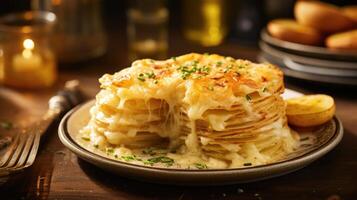 A captivating closeup shot showcasing the delectable layers of scalloped potatoes, cooked to perfection with a tantalizing combination of melted cheese and es, capturing the essence of photo