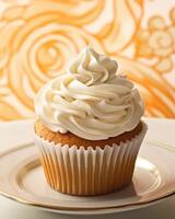 A tantalizing image focusing on the intricate piping detail of a carrot cake cupcake. The intricate swirls of cream cheese frosting adorn the fluffy cupcake, offering a delightful blend photo