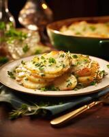 A beautifully styled shot featuring a generous portion of scalloped potatoes, artfully garnished with vibrant green parsley, bringing out the warmth of goldenbrown edges and inviting the photo
