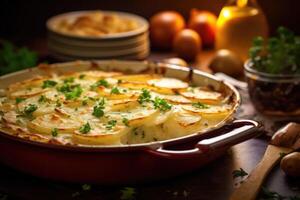 An appealing image capturing the elegance of scalloped potatoes, lightly browned on top with a sprinkle of parsley, inviting viewers to relish in the richness and velvety texture of this photo