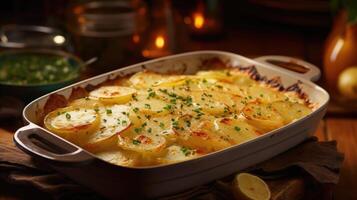 A tasteful composition showcasing a bakedtoperfection portion of scalloped potatoes, served piping hot and b with creamy goodness as the sauce coats each slice of potato, making it a photo
