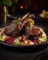 An elegant fusion of flavors awaits as tender lamb shanks are braised in a fragrant mixture of aromatic es and served alongside a bed of saffroninfused pearl couscous, fresh pomegranate photo
