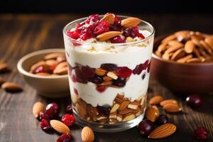 An overhead shot captures a mouthwatering parfait packed with layers of luscious Greek yogurt, chewy dried cranberries, and nutty almonds, creating a pleasing arrangement of contrasting photo