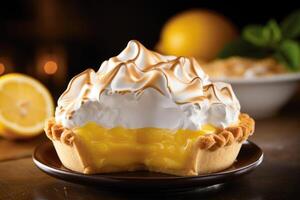 A tantalizing vision of culinary artistry, a lemon meringue pie is unveiled, showcasing a glistening filling that dances with zesty lemon curd. The golden crust cradles this vibrant photo