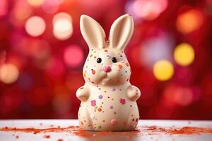 Delight in the playfulness of this bunnyshaped chocolate treat. The white chocolate shell is adorned with vibrant pastelcolored speckles, and when cracked open, reveals a surprise an photo