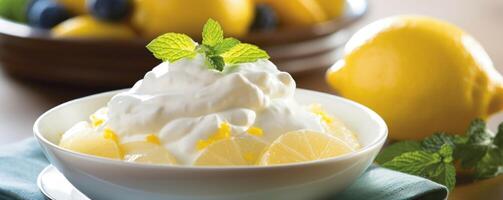 A closeup photograph captures a mouthwatering bowl of Greek yogurt adorned with a generous drizzle of tart lemon curd and a sprinkling of fragrant lemon zest, resulting in a tangy and photo