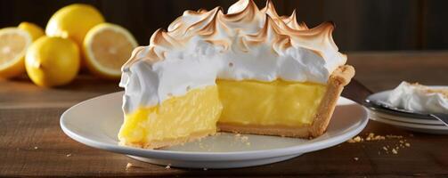 pulcramente tarta porciones revelar el delicado capas ese hacer arriba esta excepcional limón merengue tarta. el muy corteza, encerrado en un protector caparazón, armoniza perfectamente con el brillante amarillo, foto