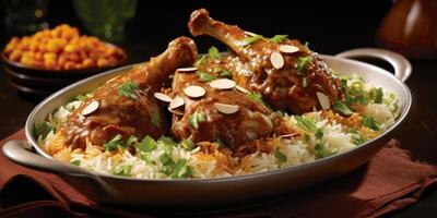 A symphony of flavors comes together as tender lamb shanks, cooked to perfection in a luscious curry sauce, are centered amidst a colorful array of aromatic basmati rice, toasted almonds, photo