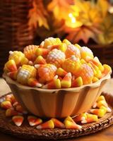 Nestled in a rustic wooden bowl, these candy corn treats are meticulously arranged in a whimsical pattern, resembling a miniature cornfield. The distinct layers of yellow, orange, and photo