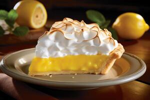 A symphony of colors and flavors plays out on the plate as a slice of lemon meringue pie is presented. The bright yellow filling is the hero, its silky smoothness offsetting the flaky photo