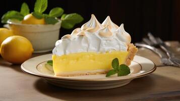 This lemon meringue pie is a celebration of colors, flavors, and textures. The crust, a golden testament to expert baking, crumbles delicately, revealing a vibrant lemon curd bursting photo