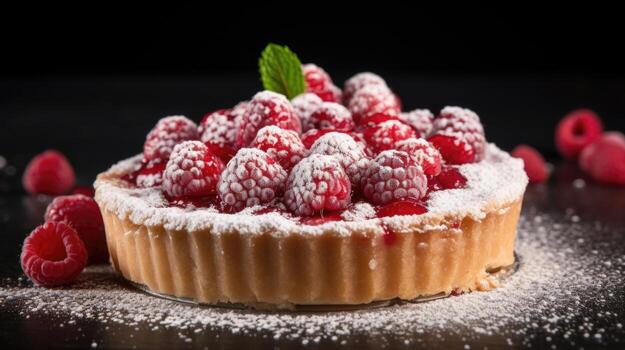 An elegant shot highlighting the rustic beauty of a raspberry tart, with its slightly uneven edges, tered powdered sugar, and a medley of raspberries gathered in the center, inviting a photo