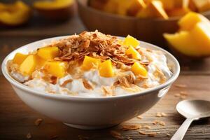 This closeup shot captures a delectable Greek yogurt bowl piled with chunks of ripe mango, toasted coconut flakes, and a generous sprinkle of aromatic cinnamon, resulting in a tropical photo