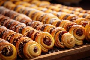 A rustic wooden background sets the stage for an array of rugelach, each one displaying a unique swirl pattern. The fillings, ranging from zesty lemon to rich dulce de leche, offer a photo