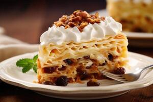 A visually striking image captures the contrasting layers of a kugel masterpiece, presenting alternating strata of velvety noodles, tangy cream cheese, and subtly sweetened raisins photo