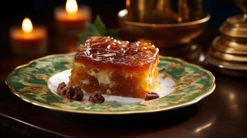 An artfully arranged shot showcases a freshly baked kugel nestled on a vintage patterned plate, its surface adorned by a glossy layer of caramelized sugar, offering a tantalizing glimpse photo