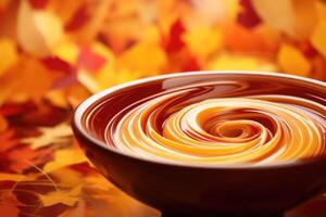 A symphony of autumn colors is captured in this shot, as a s swirls through a bowl of applesauce showcasing shades of deep maroon, golden yellows, and earthy browns. The playfulness of photo