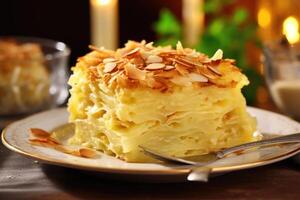An expertly composed shot presents a familysized kugel, revealing intricate layers of intertwining noodles that seamlessly fuse with a velvety lemoninfused custard, inviting indulgence photo
