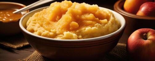An overhead shot captures a rustic bowl filled with chunky applesauce, revealing the natural variation in texture and color of the carefully selected apples. Golden hues peek through the photo