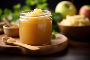 A rustic wooden s emerges from a jar of applesauce, gracefully lifting a perfectly balanced heap of the velvety mixture. The contrasting materials and the simplicity of the shot emphasize photo