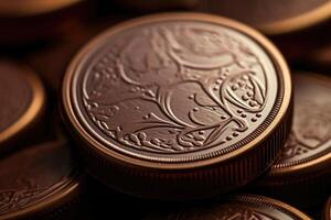 Closeup on a single chocolate coin, the camera expertly captures its exquisite detail, revealing the mesmerizing blend of smooth texture, rich color, and delicate embossment that elevates photo