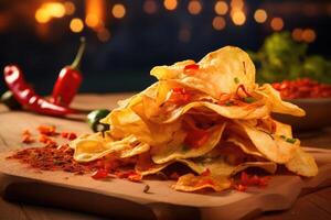 Unleash your zest for adventure with these fiery chiliinfused potato chips, where the intense heat of exotic chilies is tempered by the natural sweetness of the potato, creating an photo