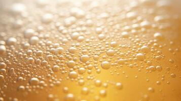 A closeup shot reveals the intricate details of a farmhouse ale, as tiny bubbles dance on the surface, reminiscent of effervescent Champagne. The glass showcases the ales pale yellow photo