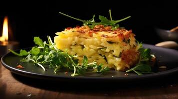 A creative composition featuring a triangular slice of potato kugel served on a bed of fresh arugula, complemented with a drizzle of tangy lemon vinaigrette, offering a delightful balance photo