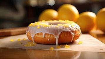 An eyecatching photograph showcasing a light and fluffy donut filled with a zesty lemon curd, topped with a tangy lemon glaze, and finished off with a delicate lemon zest garnish. photo