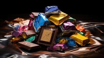 In a creative composition, the camera captures a composition of chocolate gelt interspersed with vibrant, colorful wrappers, creating an enticing contrast of textures and flavors. photo