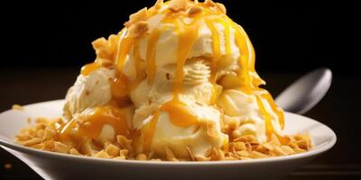 A mouthwatering blend of exotic and tropical flavors, this shot captures a scoop of creamy passion fruit ice cream, garnished with a generous drizzle of luscious mango coulis and topped photo