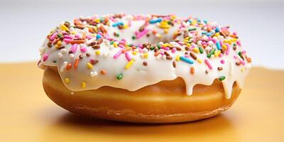 A visually striking shot highlighting a donut filled with luscious cream cheese frosting, elegantly piped into the center and surrounded by a delightful halo of vibrant sprinkles. photo