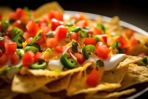 An enticing topdown shot of delectable nachos, featuring a colorful medley of fresh diced tomatoes, vibrant green onions, and fragrant minced jalape os all harmoniously nestled on a bed photo