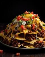 An appetizing closeup of loaded nachos that effortlessly combine crispy tortilla chips, smothered in velvety melted cheese, and adorned with chunks of succulent ground beef, making for an photo