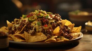 A tempting closeup image of mouthwatering nachos, piled high with chunks of succulent seasoned ground beef, fiery chipotleinfused sauce, and a sprinkle of sharp cheddar cheese, resulting photo