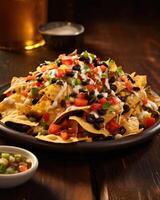 A visually stunning shot capturing a tousled heap of tortilla chips, artfully coated in a blanket of gooey cheese, adorned with juicy diced bell peppers, flavorful black beans, and a hint photo