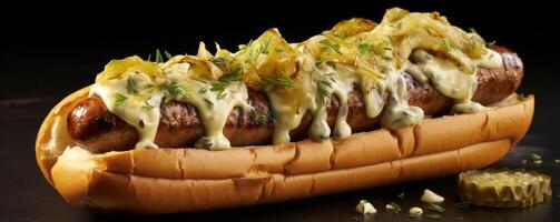 A succulent grilled sausage housed within a fluffy, slightly toasted potato roll, lovingly smothered with a savory beer cheese sauce, and adorned with a crispy lattice of fried onion photo