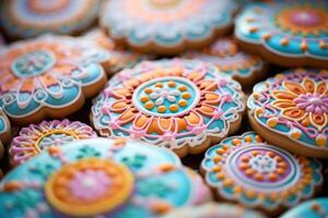 Meticulously decorated sugar cookies steal the spotlight in this vibrant shot. The intricate details of handpiped royal icing transform each cookie into a miniature work of art, with hues photo