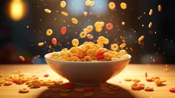 This shot captures an array of tiny cereal rings, magically arranged in perfect alignment within the bowl. Each bitesized piece boasts a glossy sugar coating that adds an extra layer of photo