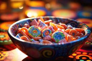 The shot highlights meticulously p cereal pieces forming a whimsical mosaic within the bowl. Each piece showcases a unique shape, from starbursts to crescents, adding intrigue to the photo