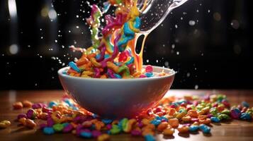 In this dreamy shot, a cascade of rainbowcolored cereal pieces gently pours into a bowl, creating a mesmerizing waterfall effect. The cereals sugary sheen glimmers against the bowl photo